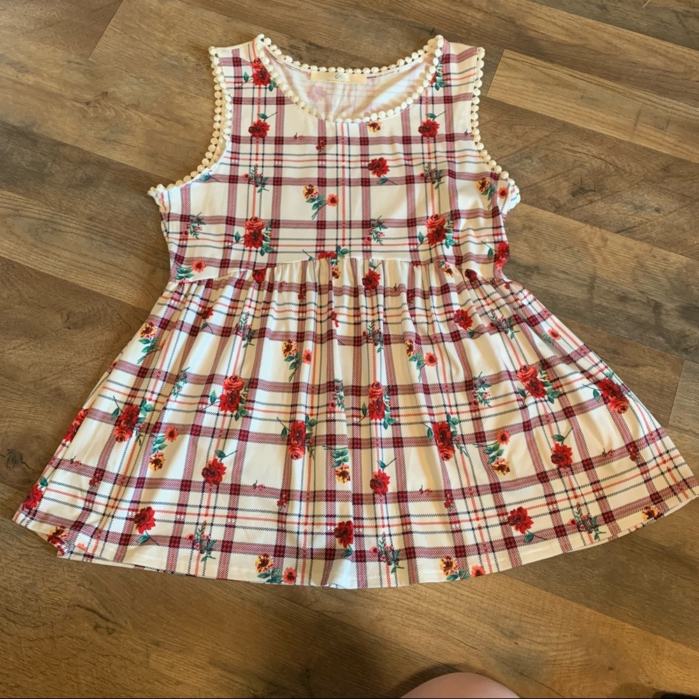 Infinity raine floral plaid lattice trim blouse